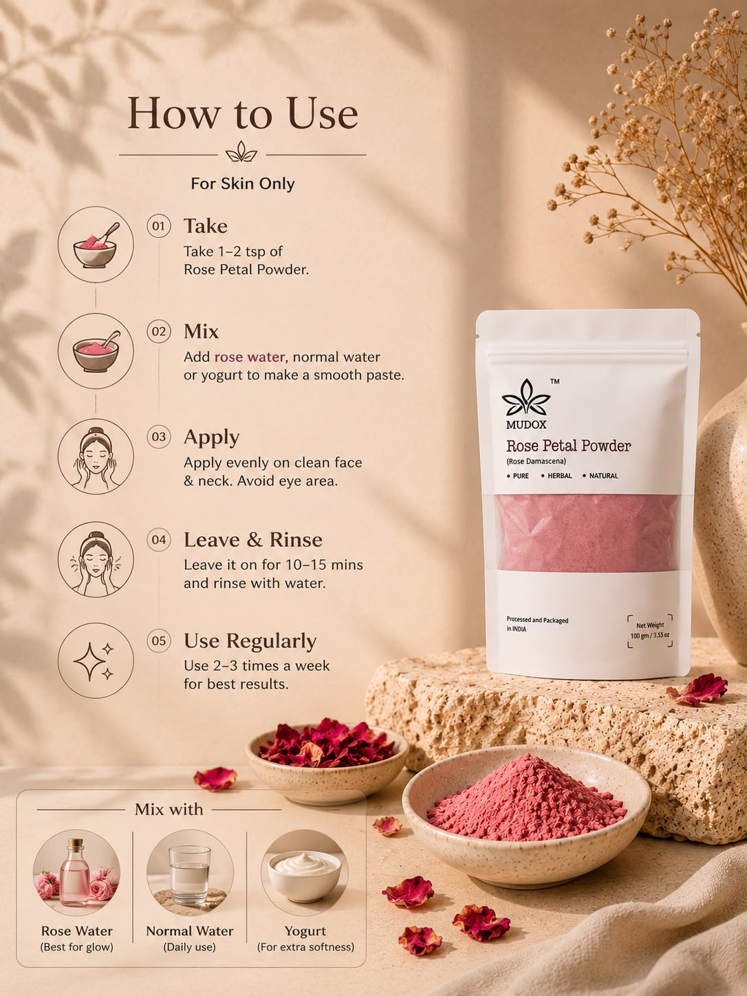 Pure Rose Petal Powder (Rosa Damascena) – Natural Floral Face Pack (100g)