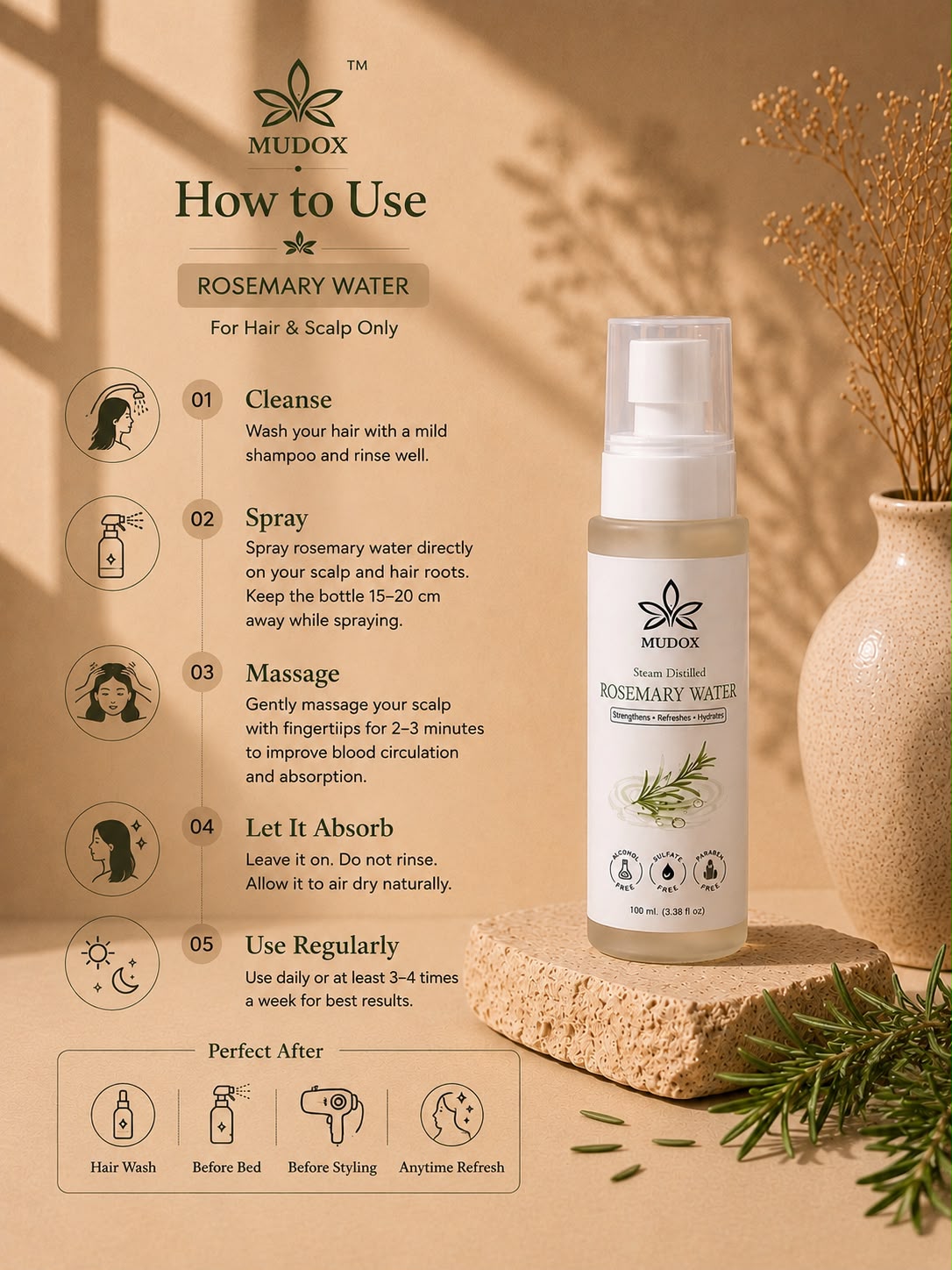 Steam Distilled Rosemary Water Mist | Natural Hair & Scalp Tonic | 100 ml