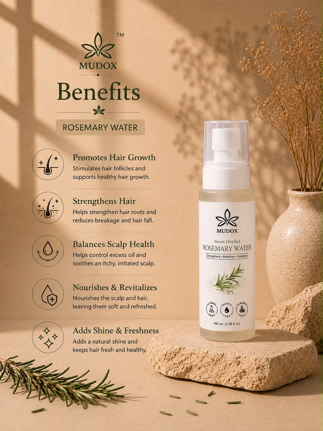 Steam Distilled Rosemary Water Mist | Natural Hair & Scalp Tonic | 100 ml