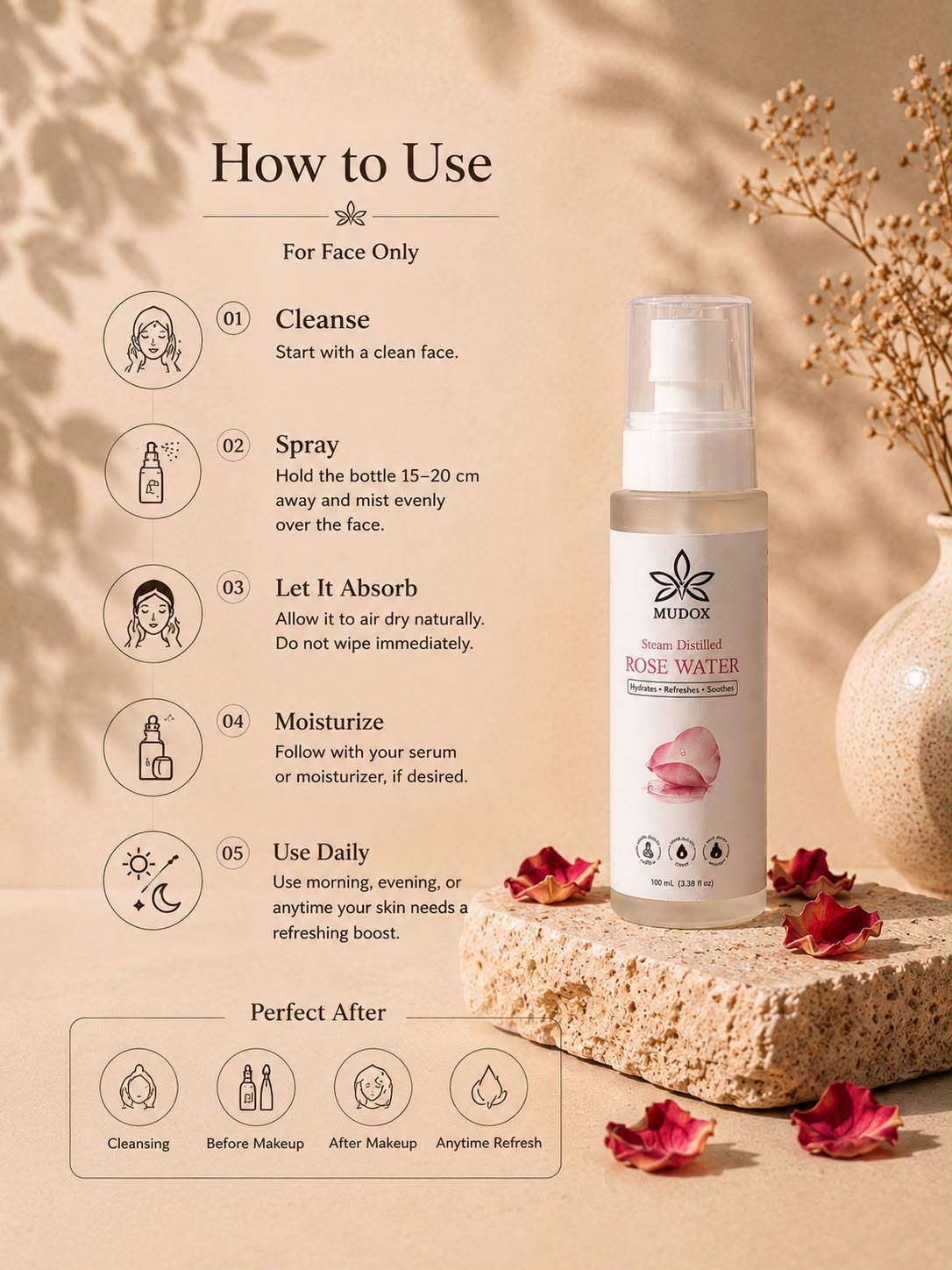 Steam Distilled Rose Water Mist | Hydrating & Soothing Facial Toner | 100 ml