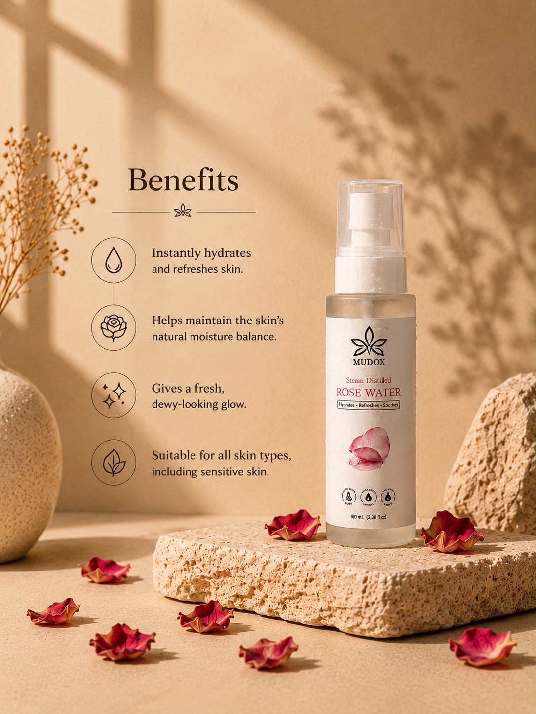 Steam Distilled Rose Water Mist | Hydrating & Soothing Facial Toner | 100 ml